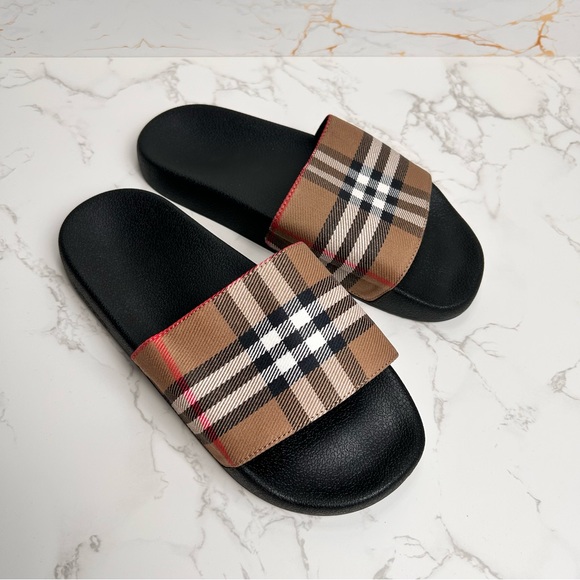Burberry Plaid Slide Sandals - Black and Tan - Picture 1 of 9